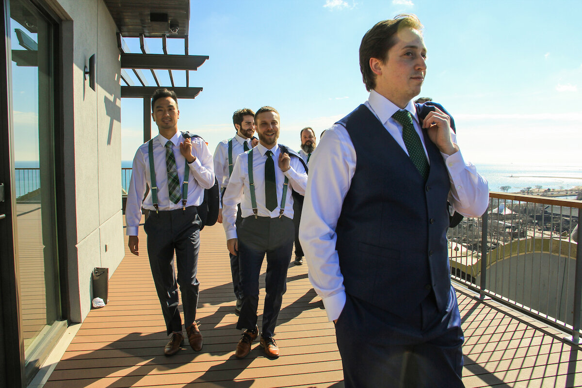 groomsmen at Max and Haylie's geometric gold and green wedding in Chicago