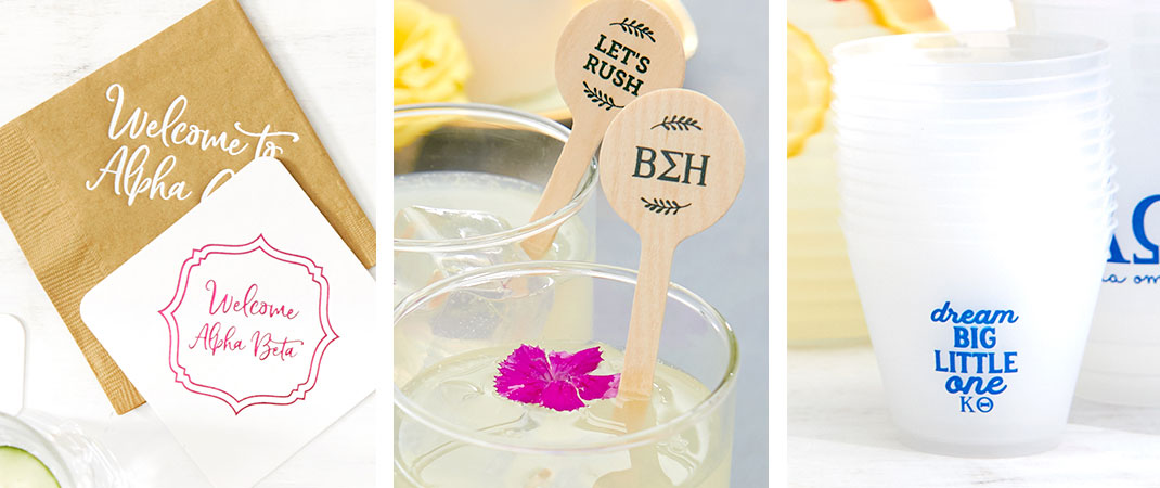 sorority cups, sorority napkins and sorority stir sticks