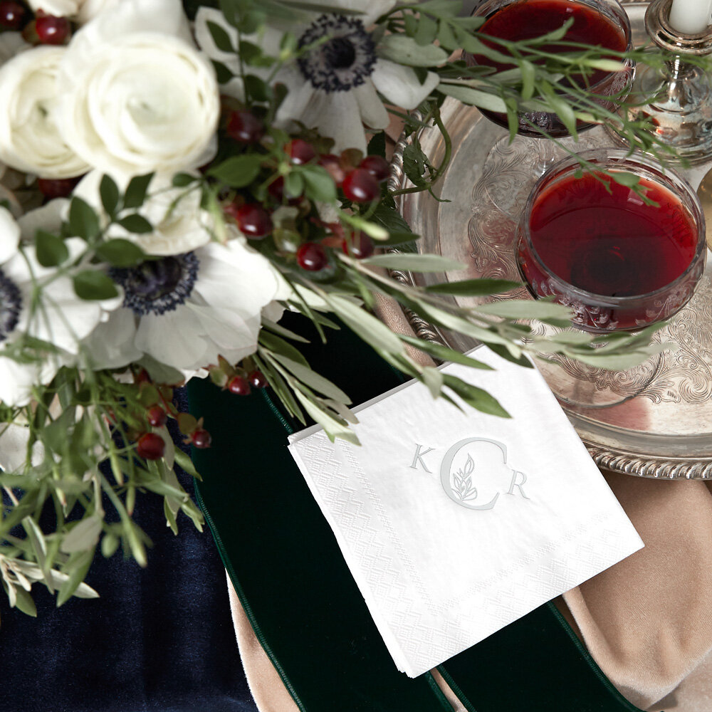 classic monogram wedding napkin on velvet tablecloth
