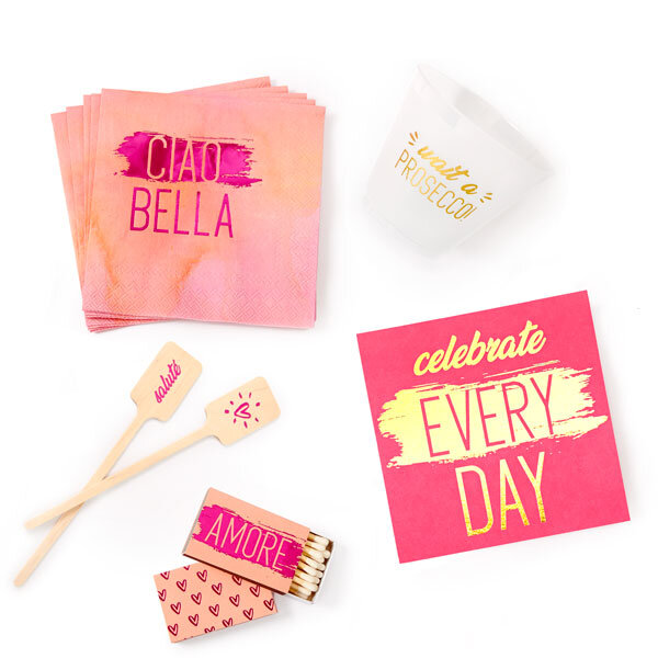 prosecco party napkins, cups and party favors