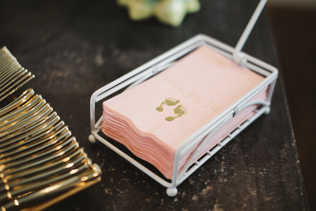 Baby Pink Guest Hand Towels with shiny gold foil stamped baby shower design