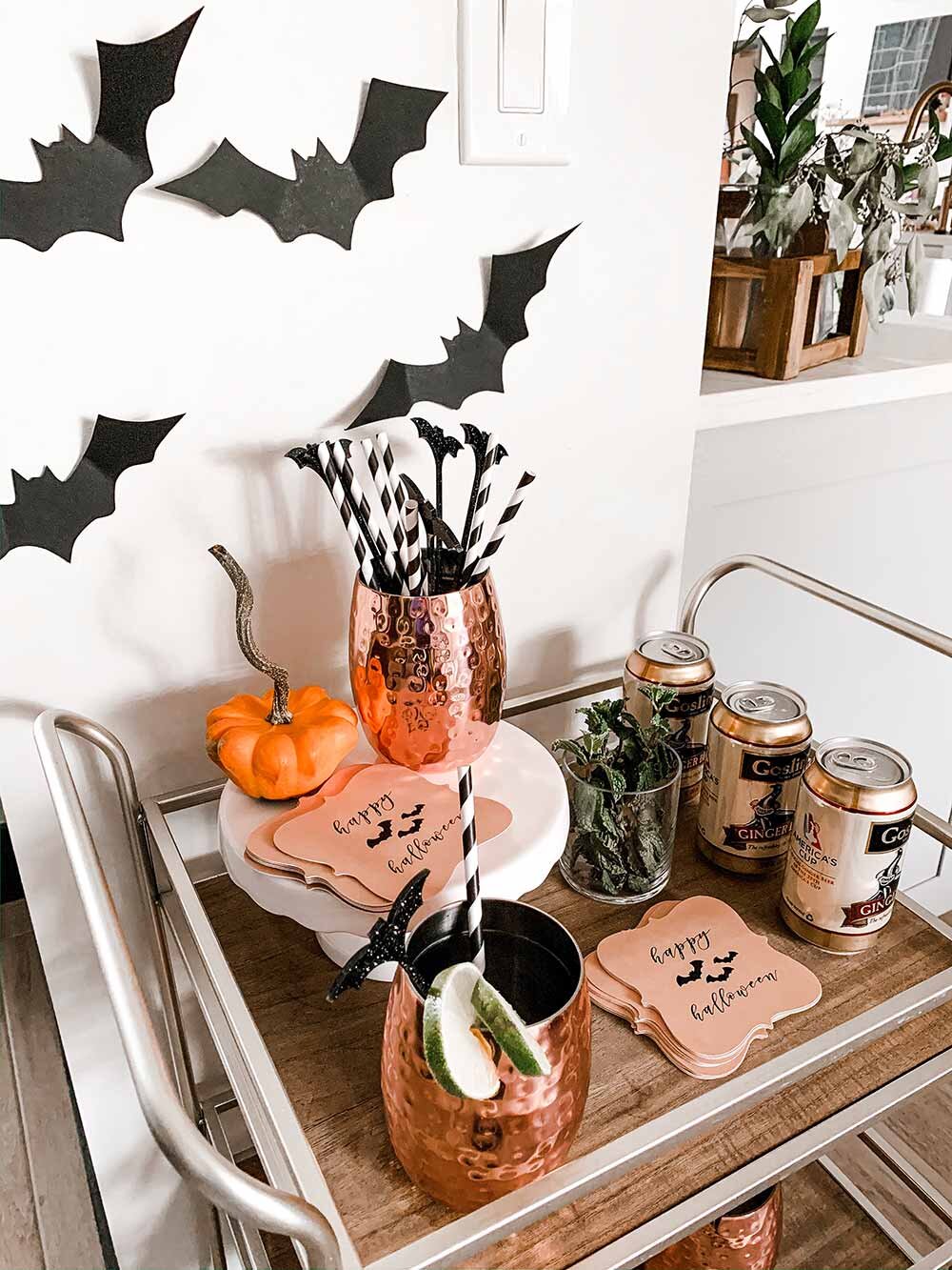 Halloween Themed Bar Cart with Custom Coasters and Paper Straws