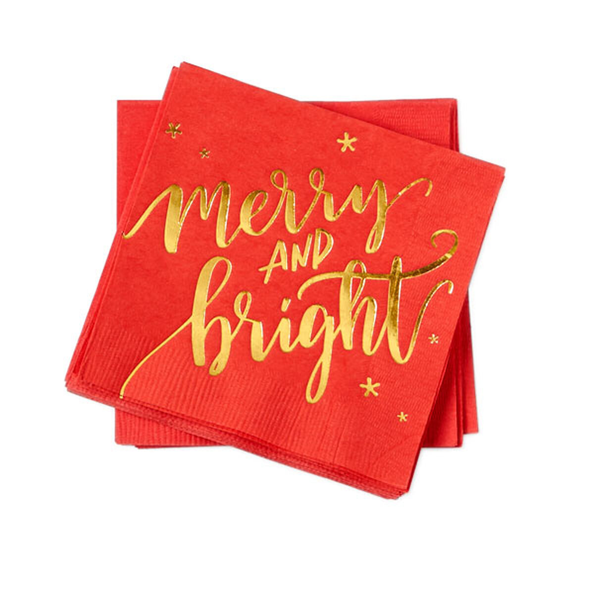 Red party ready cocktail napkin packs with Christmas merry and bright design in shiny gold foil
