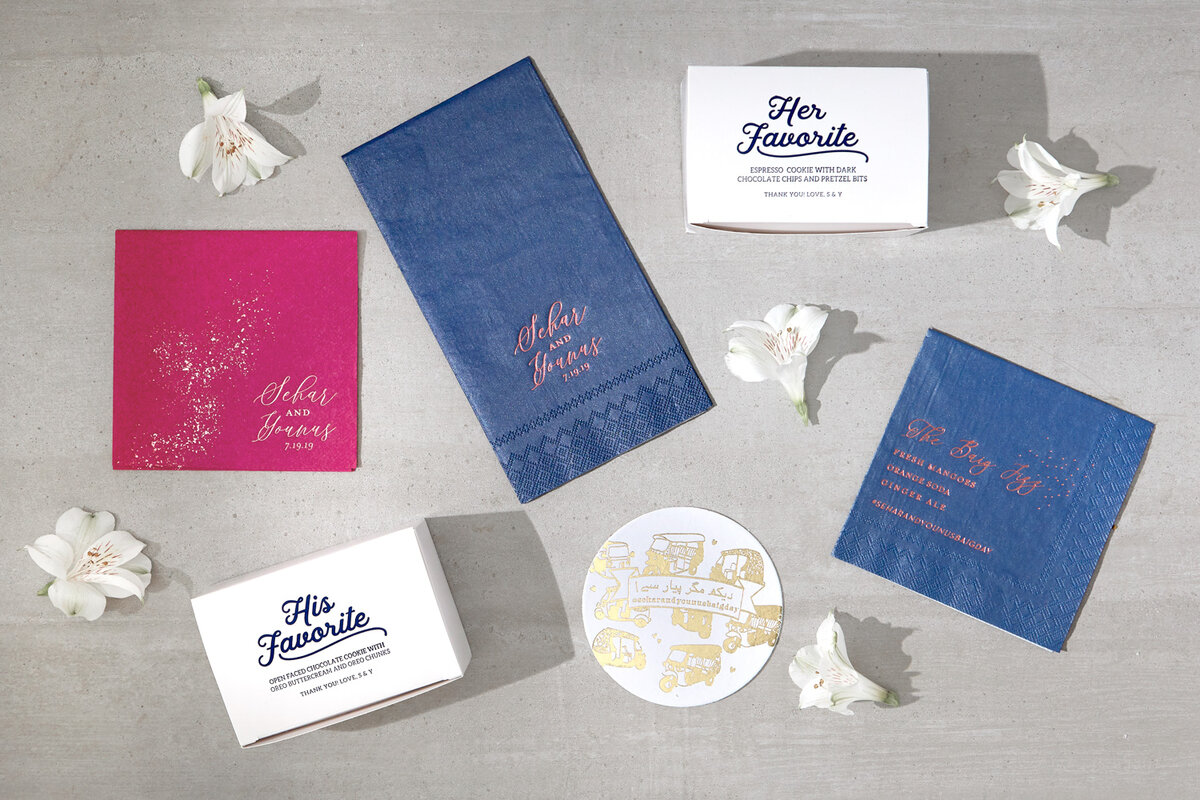 Custom Guest Hand Towels, Cocktail Napkins, Coasters and His/Hers Cake Boxes from For Your Party