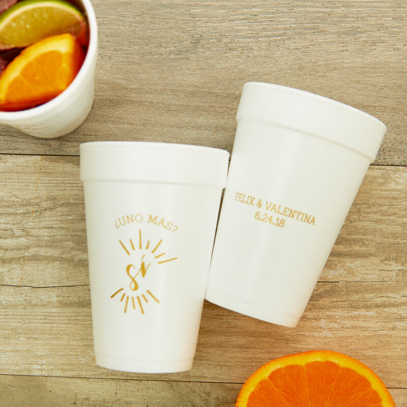 custom designed two-sided "uno mas" styrofoam cups