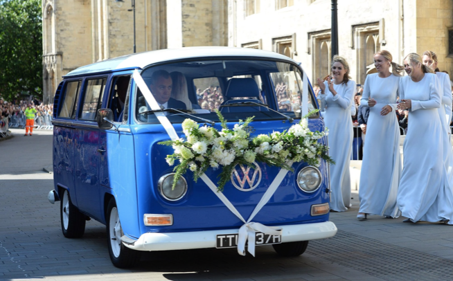 The vintage blue Volkswagen that carried the veiled bride, Ellie Goulding.