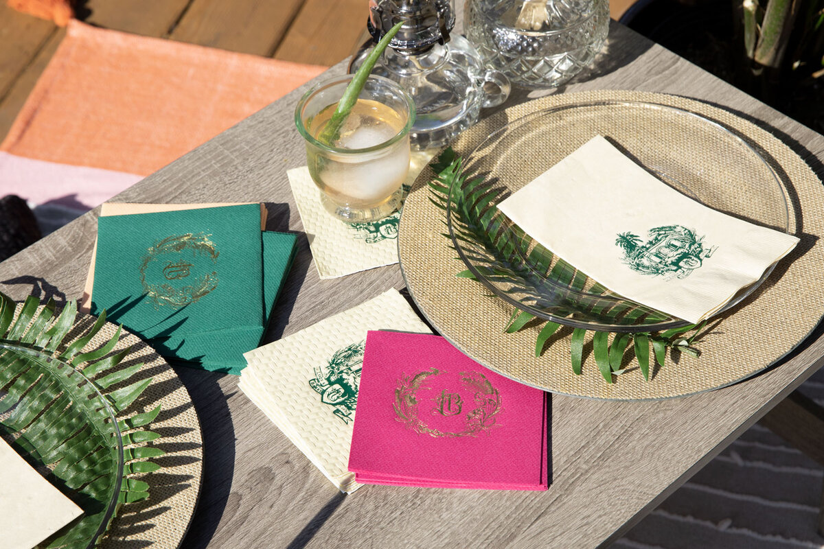 custom cocktail napkins and guests towels add a layer of personalization to your outdoor wedding