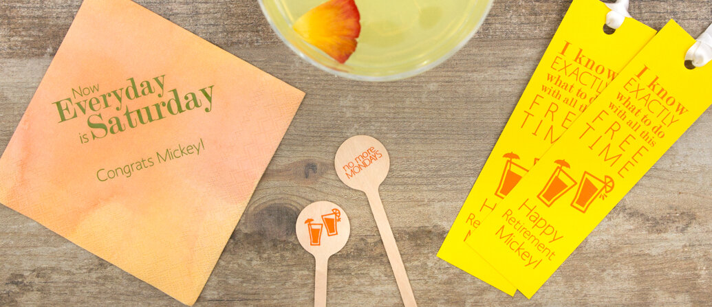 retirement party supplies with custom napkins and party favors