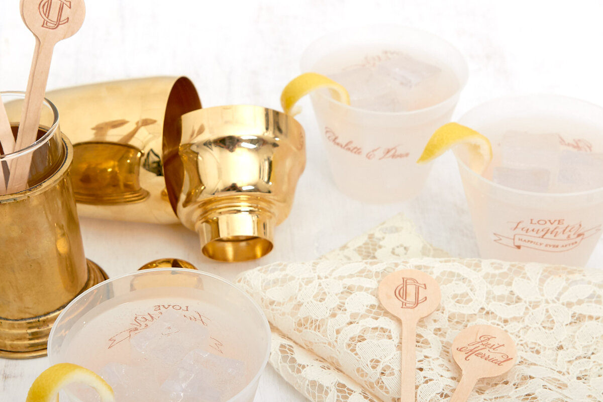 custom designed frosted cups for your wedding reception bar