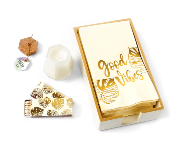 A deluxe Good Vibes Powder Room set includes: guest hand towels, a candle, an elegant towel tray, and candle matches!