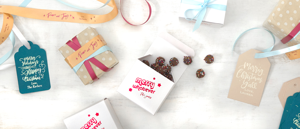 custom bags, boxes, ribbon and gift tags for custom wrapping christmas gifts