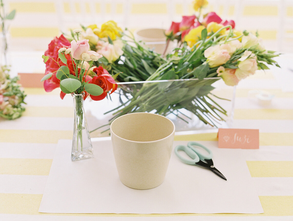 DIY flower arrangement station at bridesmaid brunch