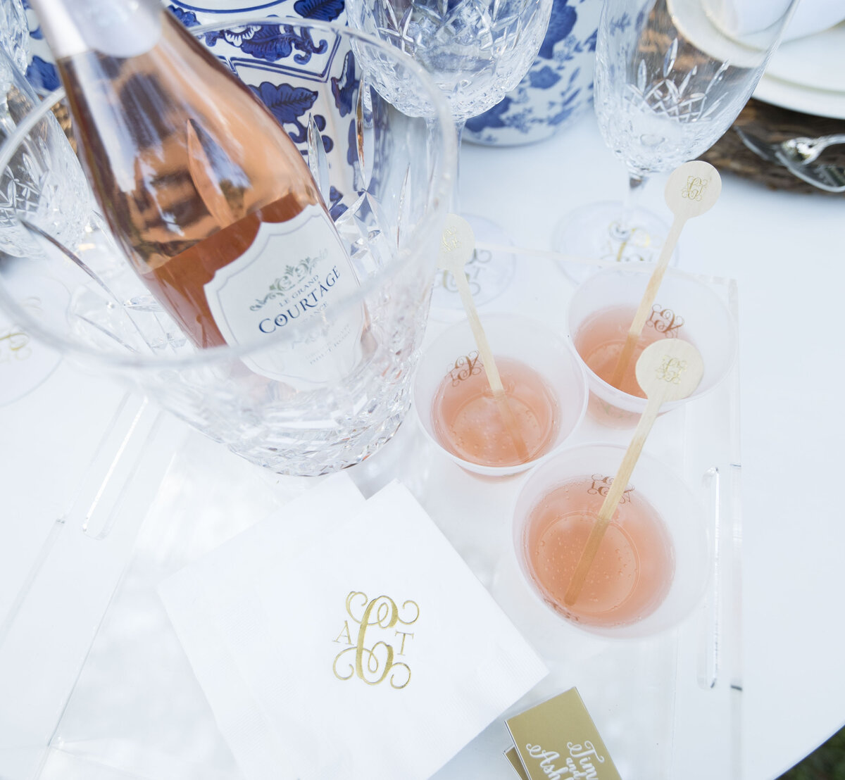 wedding monogram on custom wedding cups, wedding napkins and wedding drink stirrers