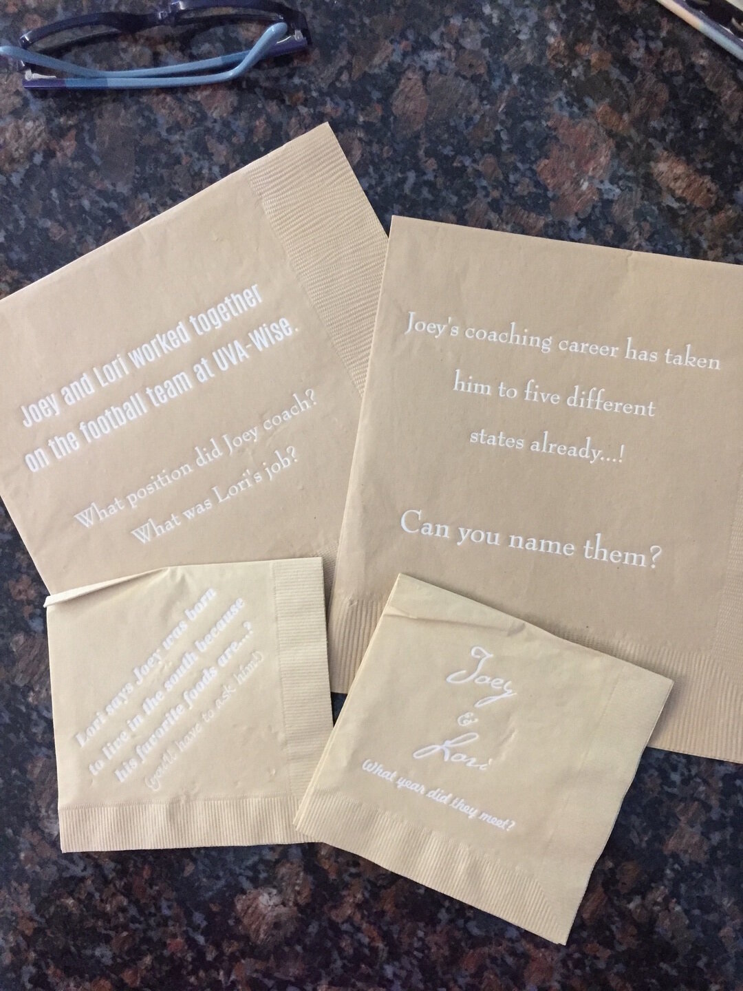 Create wedding trivia cocktail napkins for your big day with For Your Party!
