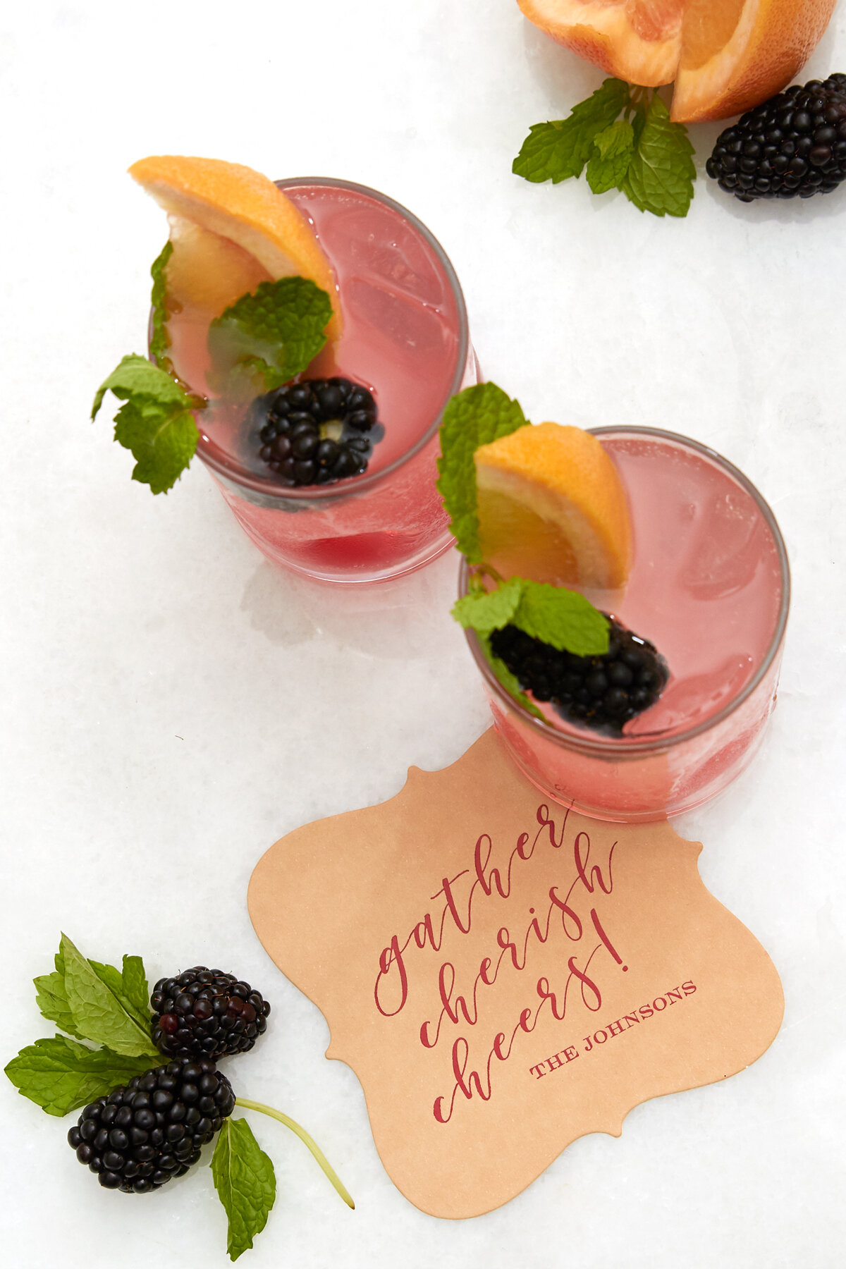 Bubbly Grapefruit Sangria cocktail recipe with custom coaster