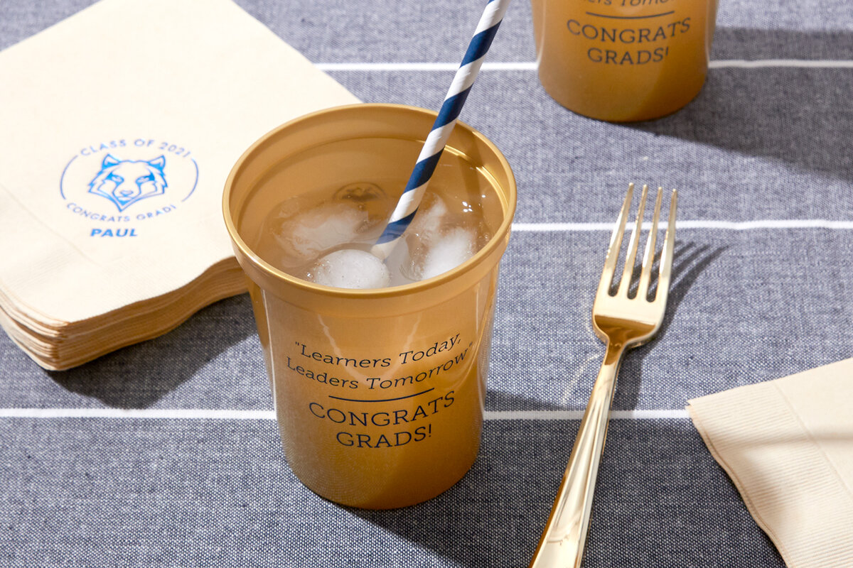 add custom stadium cups and personalized napkins to your graduation party with FYP