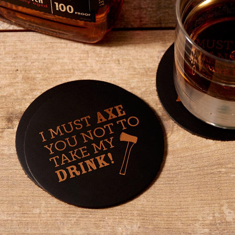 custom leather coasters with foil stamped pun