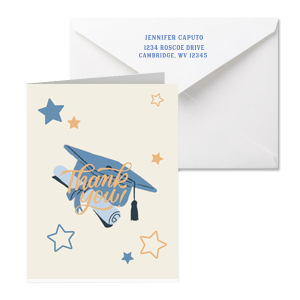 Customize a Graduation thank you card with an illustrated graduation cap and stars design. This thank you card is perfect for showing your appreciation to the guests of a graduation party. 