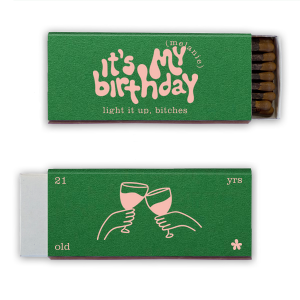 Cheers with this funky matchbook design! Featuring a minimalist drawing of two cups cheersing, this custom matchbox can be customized with your age and name. 