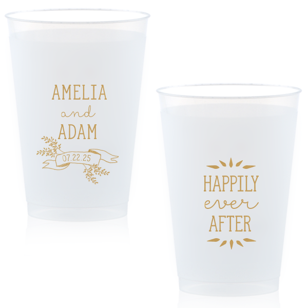 Our beautiful custom Gold Ink 14 oz Frost Flex Cup with Gold Ink Cup Ink Colors has a Twig Banner graphic and is good for use in Wedding, Floral themed parties and will add that special attention to detail that cannot be overlooked.
