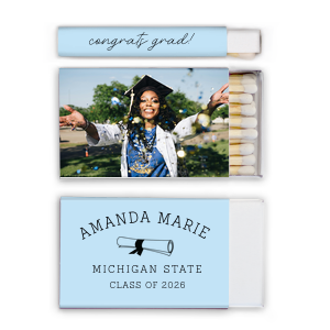 ForYourParty's chic White Classic Custom Photo Matchbox with Matte Sky Blue Ink Digital Print Colors and Matte Black Ink Digital Print Colors has a Graduation Scroll graphic and is good for use in Graduation themed parties and will make your guests swoon. Personalize your party's theme today.