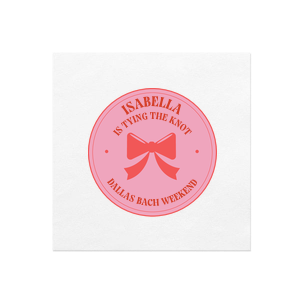 Cherish the pre-wedding excitement with the Bachelorette Bow-tiful Moments Napkin, personalized with the bride-to-be's name and getaway spot, accompanied by the phrase "is tying the knot" and a stylish bow graphic. A perfect keepsake for a romantic and fashionable bachelorette celebration.