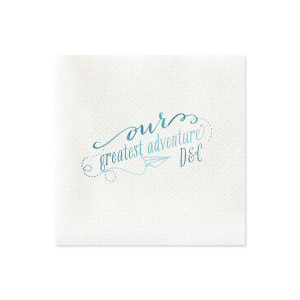 Launch your celebration into a new chapter with the Our Greatest Adventure Couples Napkin. Featuring an imaginative paper airplane graphic, the design soars from "our" into a vibrant swirl around "greatest adventure," spotlighting the couple's initials. It's all about energy, movement, and journeying together!