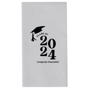 Commemorate the culmination of hard work with the Bold Year Graduate Cap Napkin, personalized with the graduate's name and the year set in a bold font, alongside a distinguished graduation cap graphic. A proud addition to any graduation party's decor.