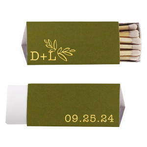 Spark warmth with the Leaf Accent Wedding Match, featuring whimsical hand-drawn leaves for a whimsical botanical touch. Simple initials and the special date adorn this charming matchbox, perfect for sweetening the ambiance of your enchanting wedding day.