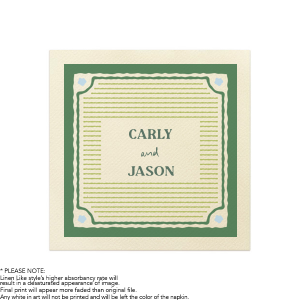 Ring in the spring with the Green Field Photo Napkin. The full color ink printed design evokes greenery and pastoral comfort, featuring a boxed frame and horizontal lines surrounding customizable test. Perfect for springtime gatherings, family events or yearly engagements, personalize the design to match your next special occasion.