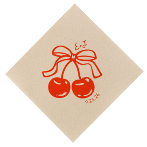 Pair your next special occasion with the Cherry Bow Initials Napkin! The two cherries are tied together by a bow, reflecting the partnership of you and your sweetheart. Customize the text to make it extra special at your next momentous occasion, be it an engagement, wedding, anniversary or any other celebration of love.