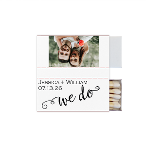 The ever-popular White Classic Custom Photo Matchbox with Matte Black Ink Digital Print Colors and Matte Fuchsia Ink Digital Print Colors has a We Do 3 graphic and is good for use in Wedding, Words themed parties and will add that special attention to detail that cannot be overlooked.