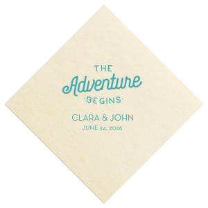 Our beautiful custom White Quick Ink Printed Cocktail Napkin with Matte Teal Ink Digital Print Colors has a The Adventure Begins graphic and is good for use in Wedding, Anniversary themed parties and can't be beat. Showcase your style in every detail of your party's theme!