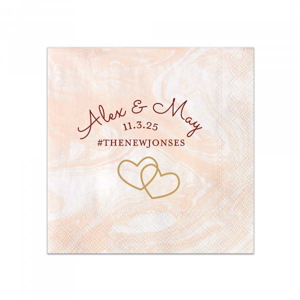 Custom Marble Blush Cocktail Napkins - 2 Color with Matte Merlot Foil and Satin 18 Kt. Gold Foil has a Interlocked Hearts graphic and is good for use in Hearts, Pairs, Wedding themed parties and can be personalized to match your party's exact theme and tempo.
