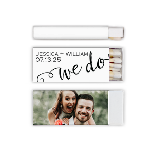 The ever-popular White Classic Custom Photo Matchbox with Matte Black Ink Digital Print Colors and Matte Fuchsia Ink Digital Print Colors has a We Do 3 graphic and is good for use in Wedding, Words themed parties and will add that special attention to detail that cannot be overlooked.