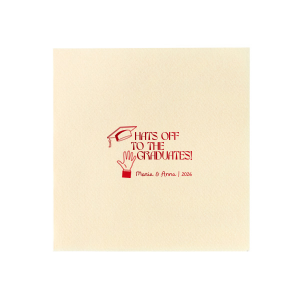 Applaud the new graduate with the Hats Off Graduation Cheer Napkin, emblazoned with a celebratory hand tossing a graduation cap and the phrase "Hats off to the graduate," personalized with the graduate's name and year. A perfect addition to any graduation festivity.