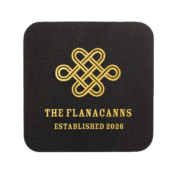 Personalized Black Leather Leather Square Coaster with Shiny 18 Kt Gold Foil has a Love Knot graphic and is good for use in Wedding, Symbols themed parties and can be customized to complement every last detail of your party.