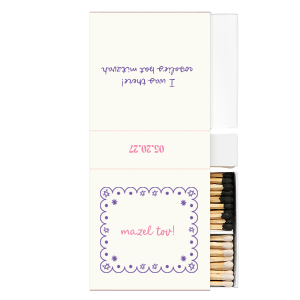 Light a spark that will last a lifetime with the Star of David Frame Photo Matchbox! This matchbox features a scalloped frame and Stars of David design on the front with a joyous "Mazel Tov!", while the back features a personal message. Customize the text to make it your own for your next momentous occasion.
