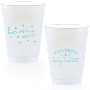 Sip from the stars with the Heaven Sent Baby Shower Cup. "Heaven Sent" and stars dazzle on the front, symbolizing that perfect gift from above. The reverse warmly welcomes the baby's arrival with their name surrounded by stars, making each sip an ethereal celebration of joy!