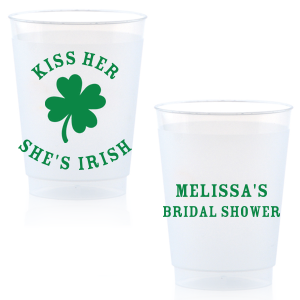 Add a dash of good luck to your event with the Kiss Me I'm Irish Cup! Featuring a dour leaf clover on one side and space to personalize with your name and the event you're celebrating on the other side, this custom cup is perfect for a bridal shower or entertaining at home. 