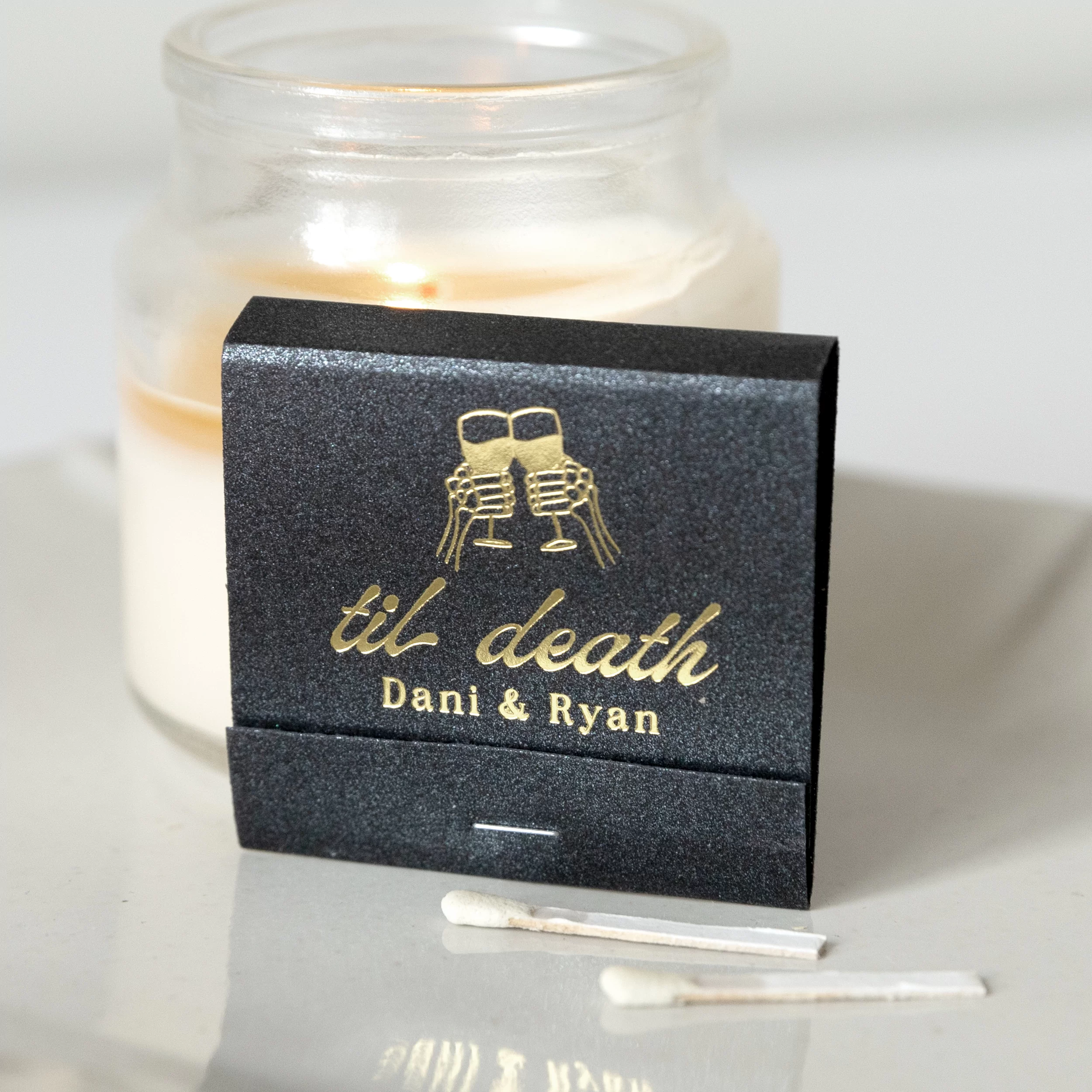 Custom printed wedding matchbook with wording "til death"