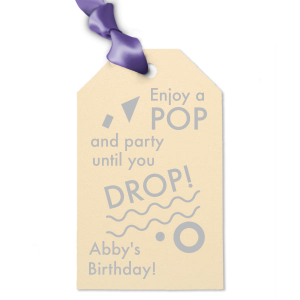 Our beautiful custom Shiny Violet Wine Hang Tag with Matte Key Lime Foil has a Confetti Accent graphic and is good for use in Birthdays, Bar Mitzvah / Bat Mitzvahs and other celebration themed parties and can't be beat. Showcase your style in every detail of your party's theme!