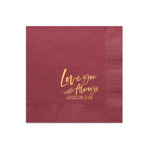 Personalized Merlot Cocktail Napkin with Shiny 18 Kt Gold Foil has a Leaf graphic and is good for use in Wedding and Love themed parties and can't be beat. Showcase your style in every detail of your party's theme!