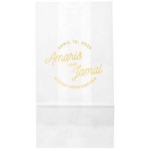 Elevate your event with the Modern Script Names & Hashtag Gift Bag design, a fusion of contemporary style and social savvy. Featuring the couple's names, event date, and a custom hashtag, this bag turns every gift  into a stylish, memorable experience, ideal for trend-setting events. 