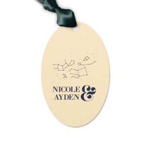 ForYourParty's elegant Linen Pearl Gold Large Oval Gift Tag with Matte Navy Foil has a Constellations graphic and is good for use in Stars, Astrological and Wedding themed parties and will look fabulous with your unique touch. Your guests will agree!