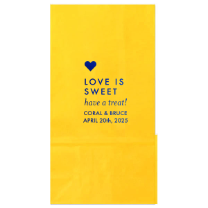 Package joy in the Love is Sweet Treat Gift Bag, featuring a gleaming gold heart above the playful promise, "Love is Sweet, Have a Treat." With the couple's details beneath, it's a whimsically sweet farewell to guests.