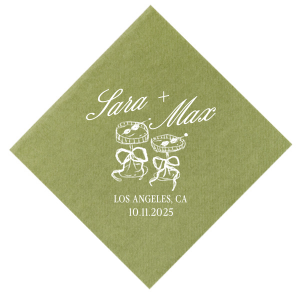 The Wedding Glass & Bow Napkin is the must have trendy design for your one of a kind lifetime event. Featuring hand-drawn bows tied around champagne glasses alongside customizable text in your choice of styles and colors to best personalize to your tastes.