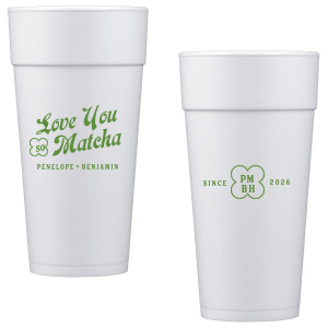 Customize a modern and unique cup for your upcoming event! Featuring text that says Love You so Matcha, you can personalize this cup with the couple's names, initials, and date.