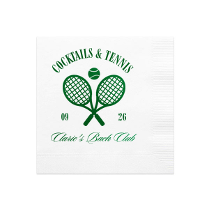Warm weather means more time on the court, so pair your next outdoor event with the Cocktails & Tennis Napkin from our Country Club collection. The sporty design gives off club house vibes perfect for making your special occasion feel more exclusive. The foil stamped design is customizable in your choice of text and colors to best show off your impeccable tastes.