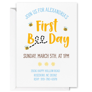 Let your next child's party take flight with the First Bee Day Full Color Birthday Invitation. The full color printed invitations is easily customizable, making for a personalized memento for your little one's big day. 